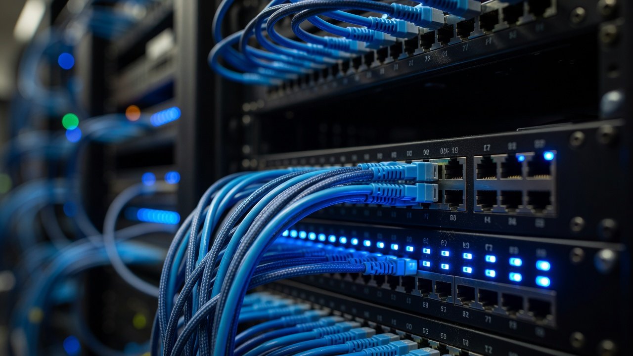 Close-up of fiber-optic cables connected to a dark datacenter network switch