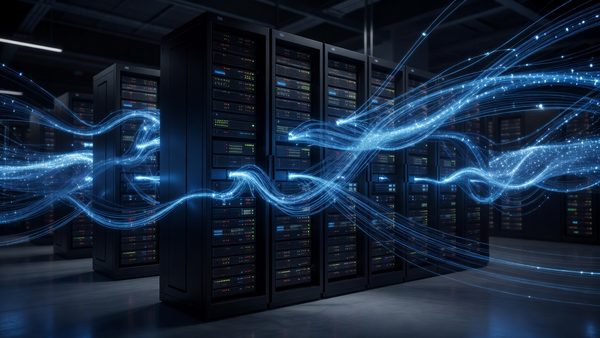 Abstract glowing data streams flowing between server racks in a dim data center