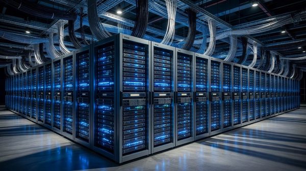 Dense rows of GPU server racks inside a modern data center, illuminated by blue indicator lights with cables running overhead