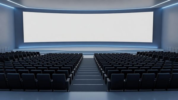 Conference auditorium with rows of seating facing a large presentation screen in cool blue lighting