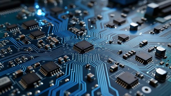 Abstract macro photograph of a circuit board with glowing blue data pathways