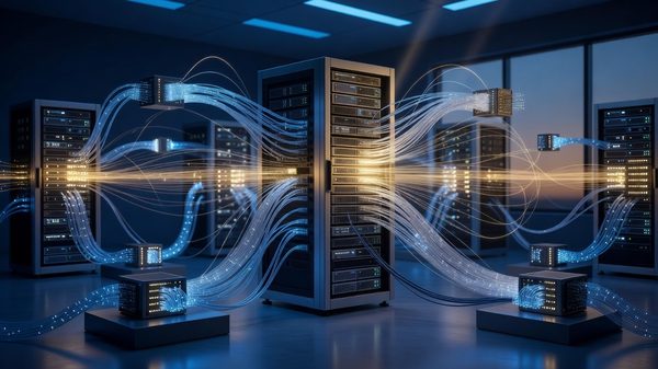 Abstract server infrastructure nodes interconnected by glowing data pathways representing distributed edge compute topology